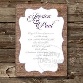 Just Burlap invitation on barnboard background