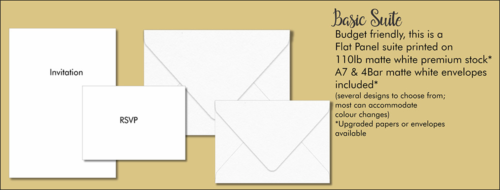Basic Suite explained - Budget Friendly, this is a Flat Panel suite printed on 110lb matte white premium stock, A7 & 4Bar matte white envelopes included